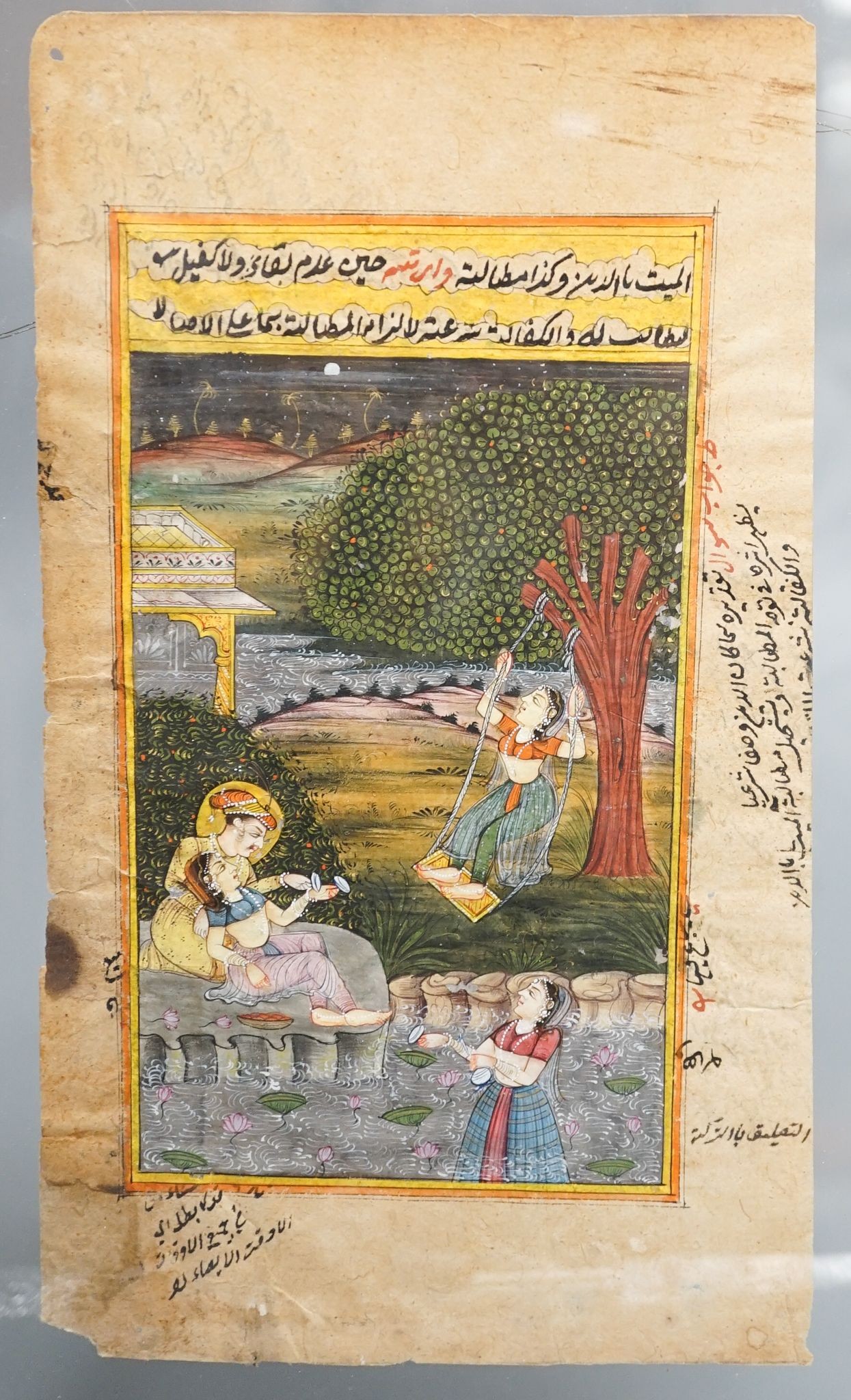 Indian School, Figures playing castanets, framed gouache manuscript, writing verso, 14 cms wide x 24 cms high.